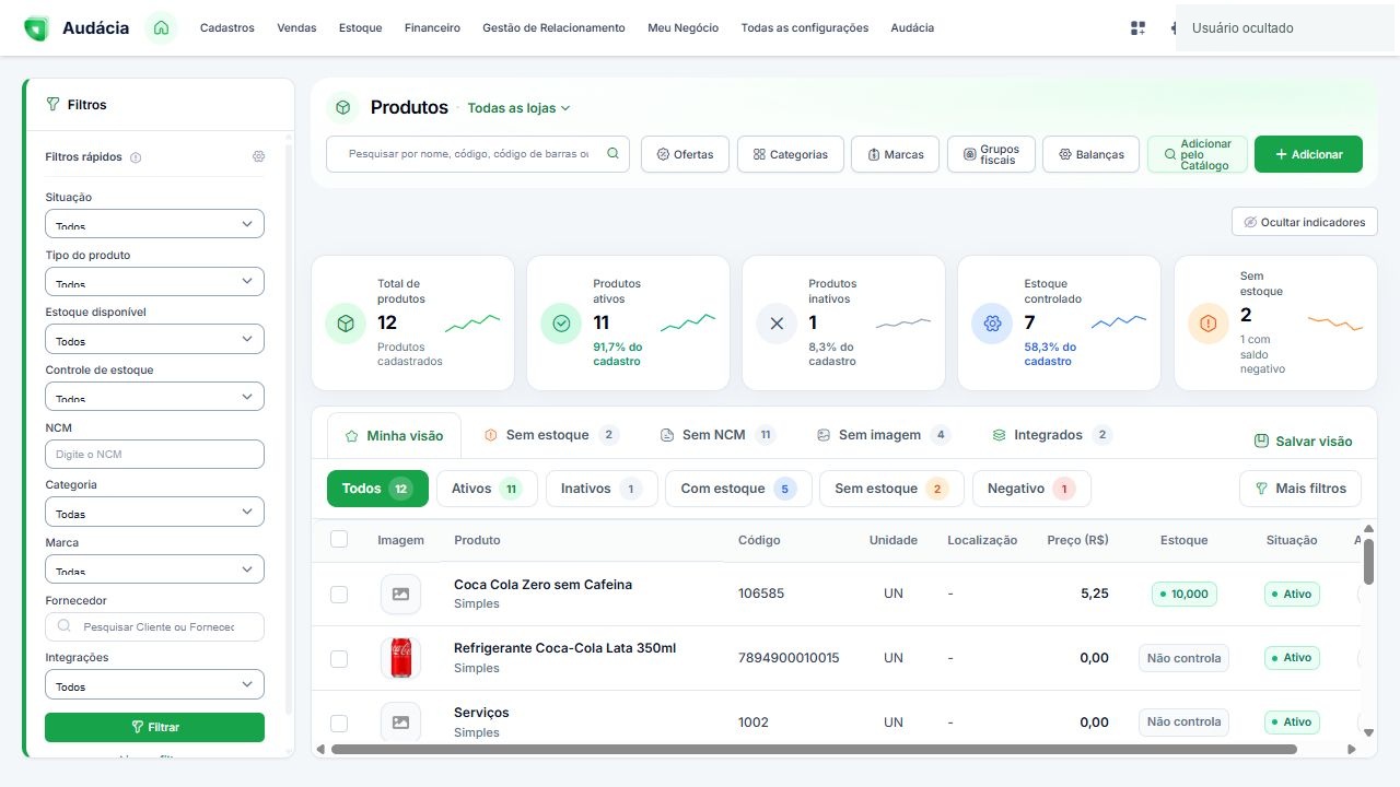 Listagem real de produtos, pesquisa, filtros e indicadores