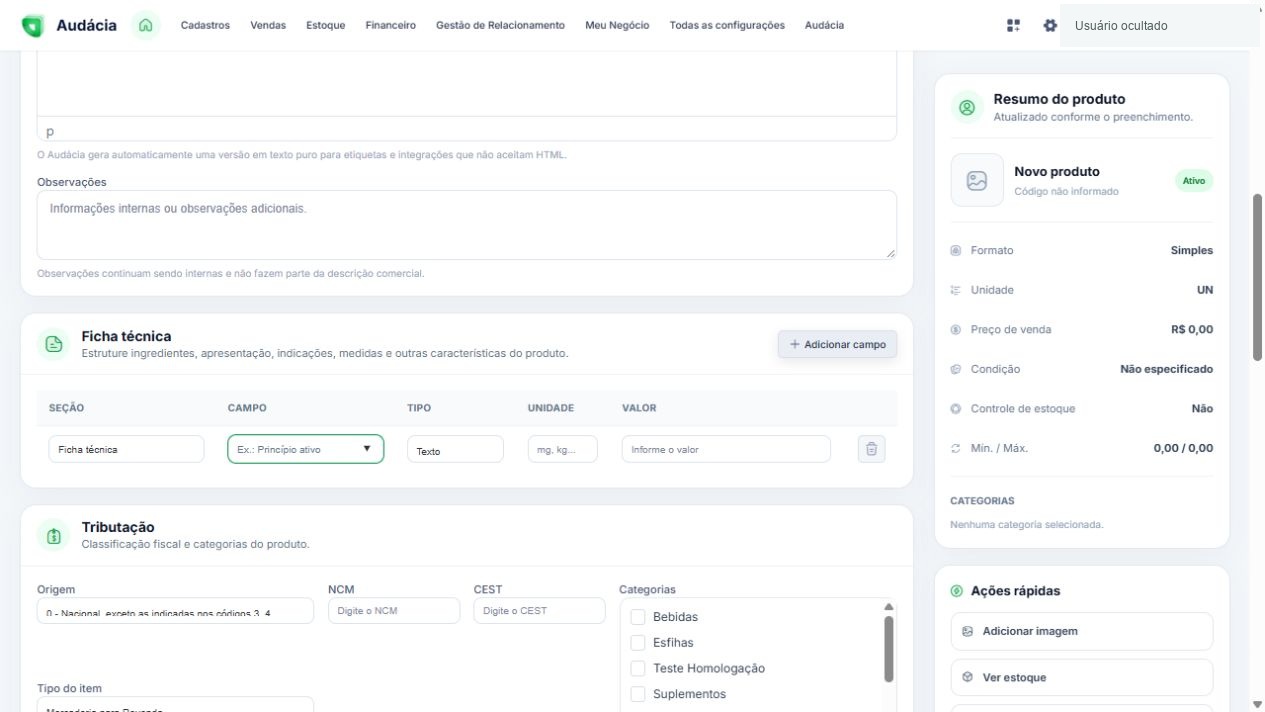 Linha de ficha técnica e seção de tributação