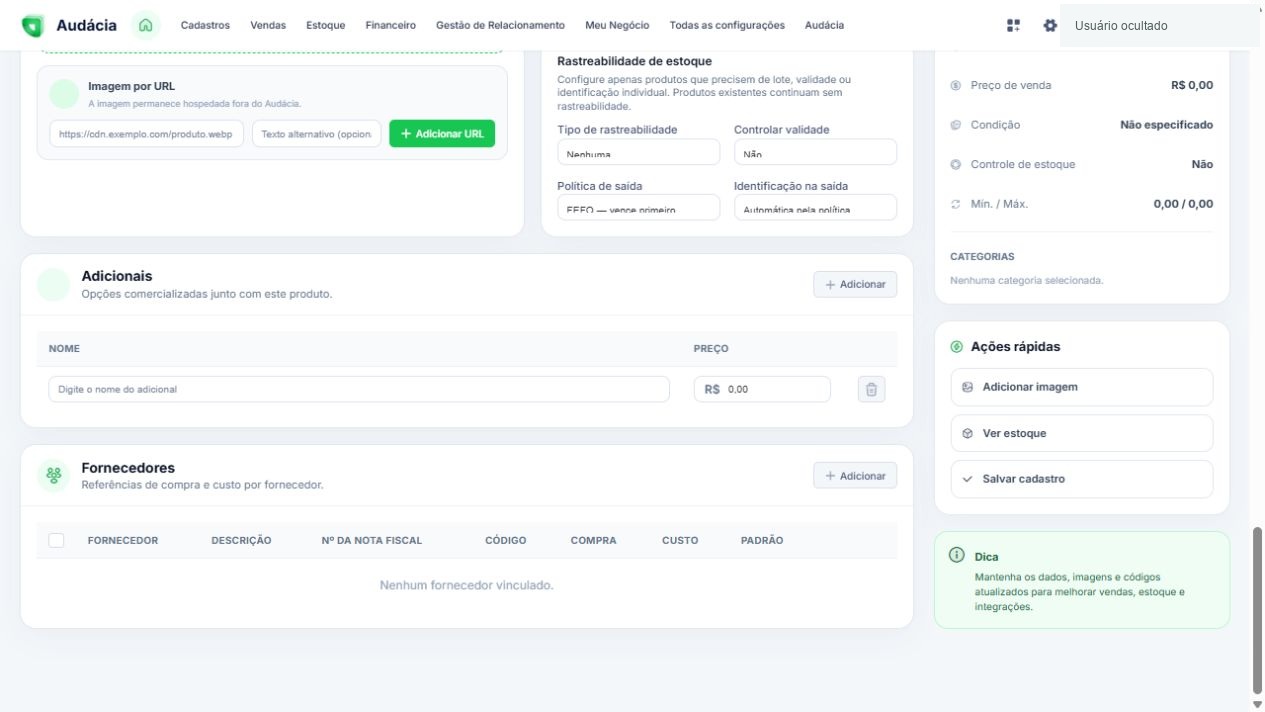 Adicionais comercializados com o produto e fornecedores vinculados