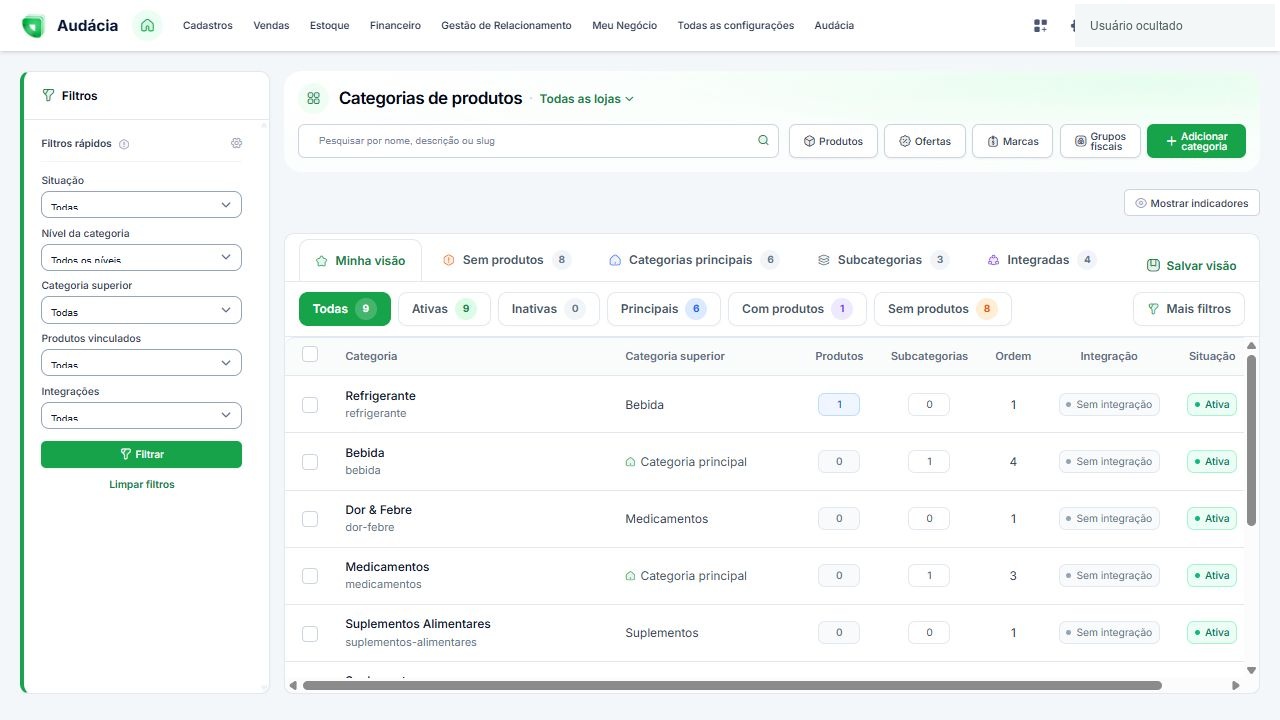 Listagem real de categorias de produtos