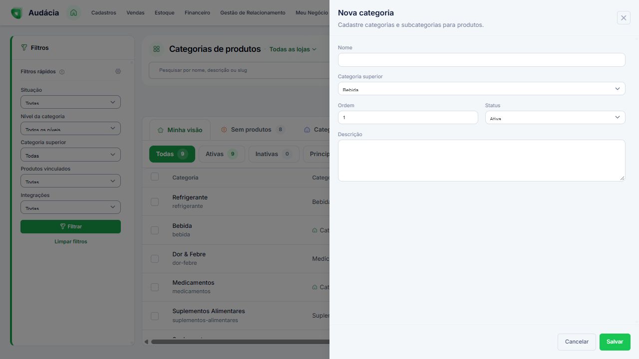 Categoria superior selecionada para ilustrar uma subcategoria