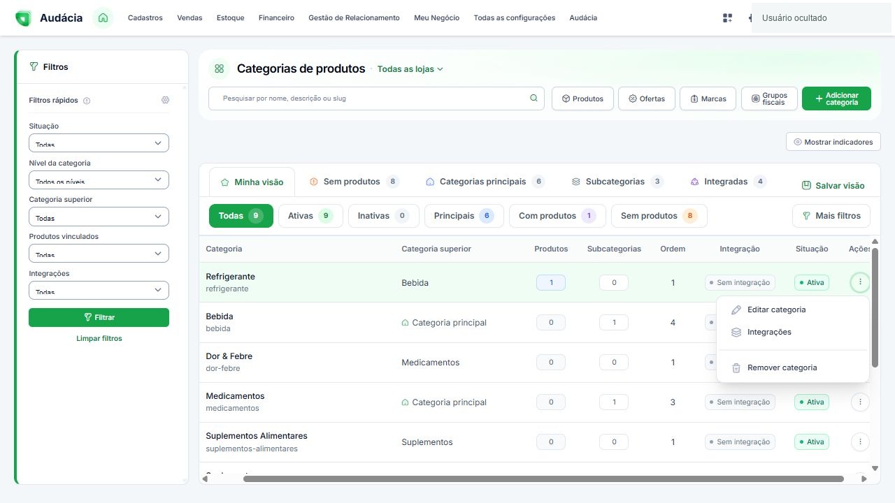 Menu real de ações da categoria