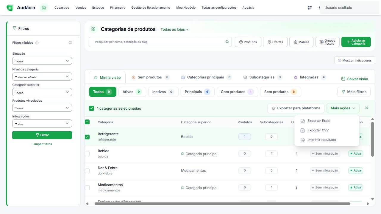 Barra de seleção e opções de exportação de categorias