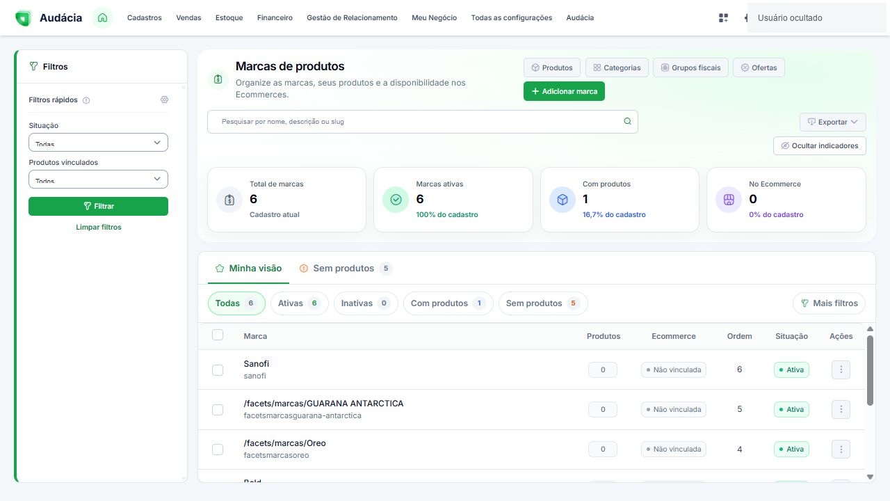 Listagem real de marcas, filtros, indicadores e exportação