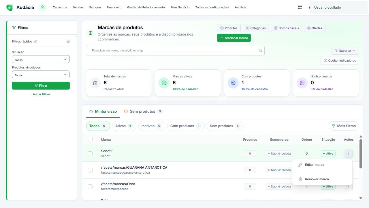 Menu real de ações com Editar marca e Remover marca