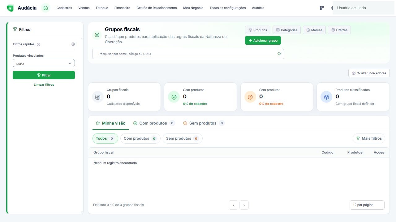 Listagem de Grupos fiscais com pesquisa, filtros, indicadores e botão Adicionar grupo