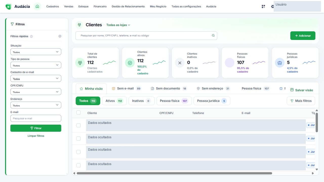 Painel de Clientes com filtros, indicadores e botão Adicionar; dados pessoais ocultados