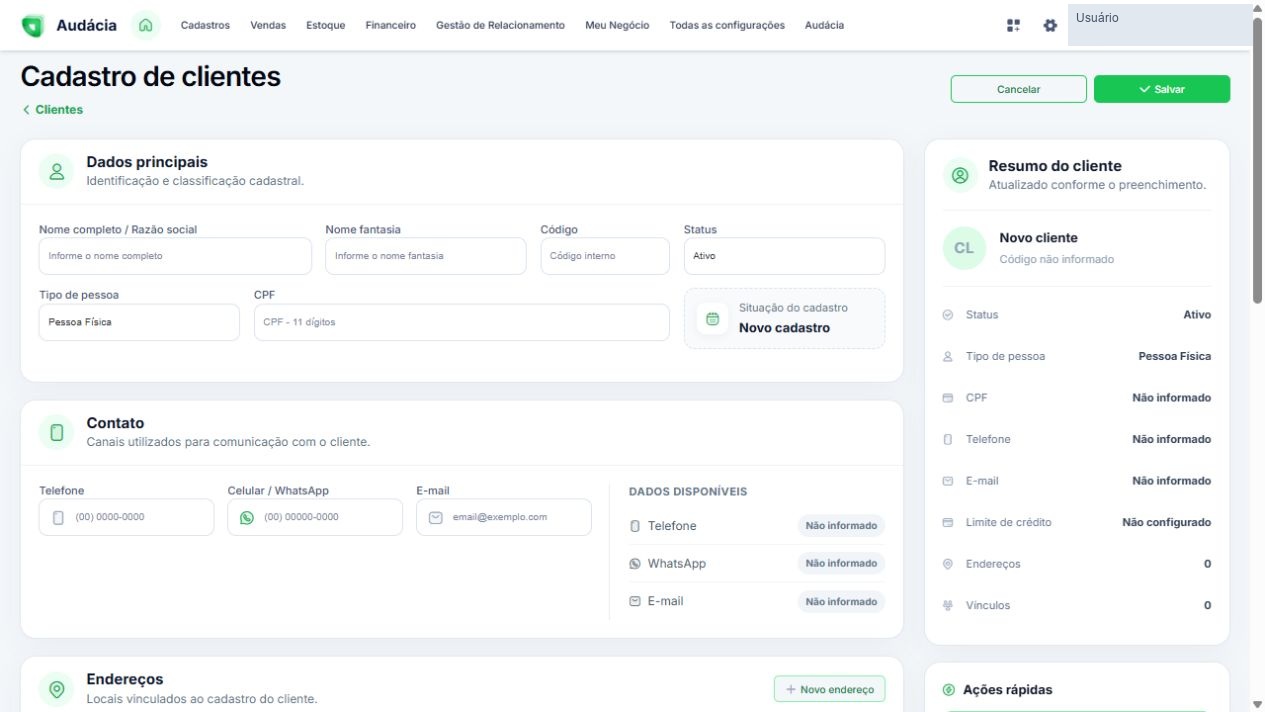 Novo cadastro com Dados principais, Contato e Resumo do cliente