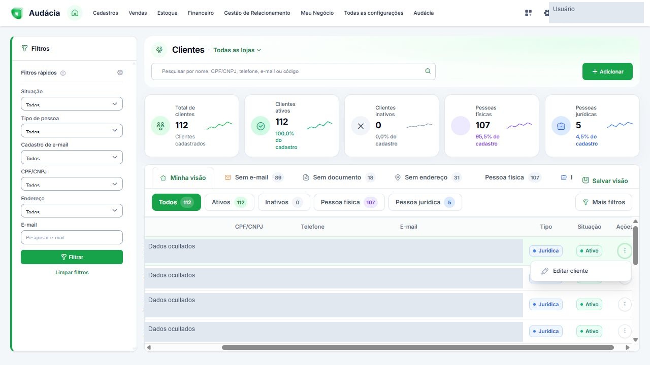 Menu de Ações do cliente com Editar cliente; dados pessoais ocultados