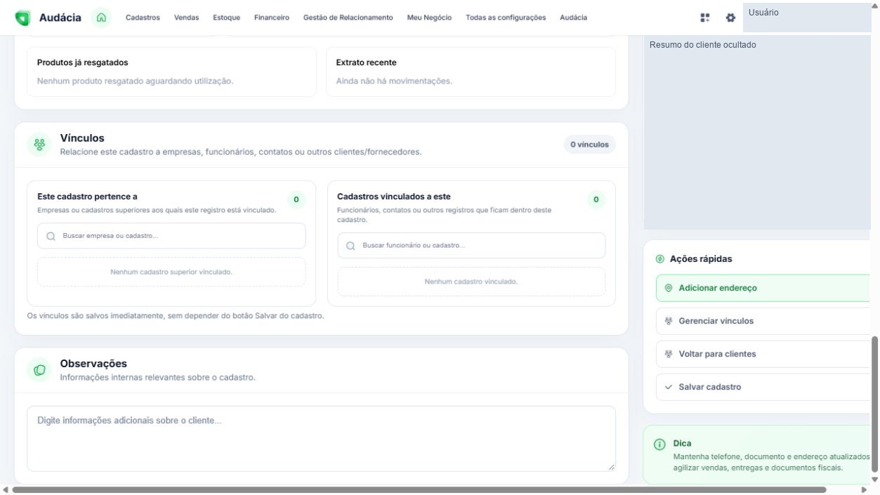 Área de Vínculos em cadastro existente; resumo do cliente ocultado