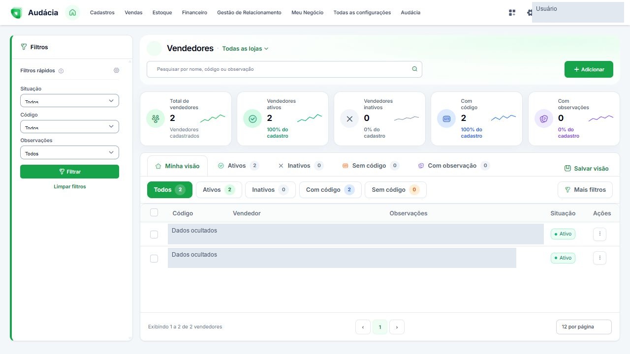 Painel de Vendedores com indicadores, filtros, pesquisa e botão Adicionar; dados ocultados