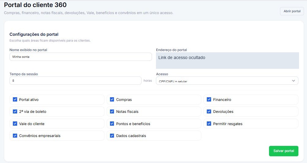 Configurações reais do Portal do Cliente