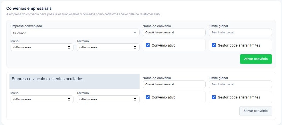 Formulário real de convênios empresariais e cartão existente com dados ocultados