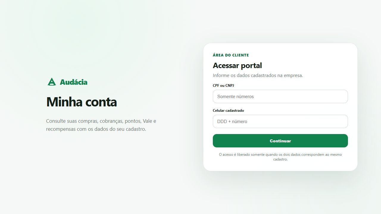 Tela real de acesso do cliente, com os campos vazios