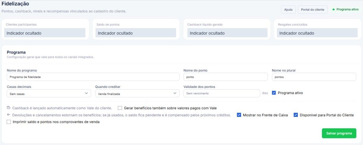Painel e configurações reais do programa de fidelidade