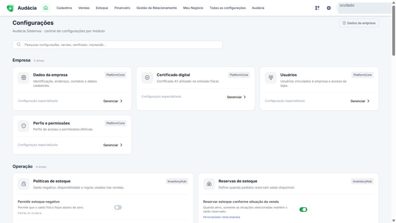 Tela real de Configurações — central por módulo; dados privados ocultados quando aplicável