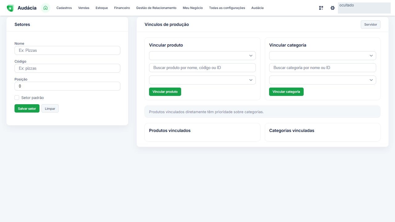 Tela real de Setores de impressão; dados privados ocultados quando aplicável