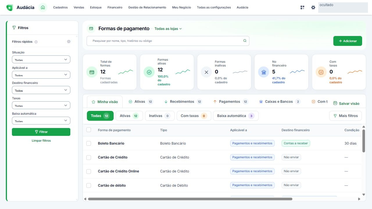 Tela real de Formas de pagamento; dados privados ocultados quando aplicável