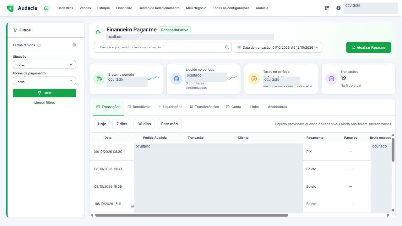 Tela real de Audácia Conta Digital e consultas Pagar.me; dados privados ocultados quando aplicável
