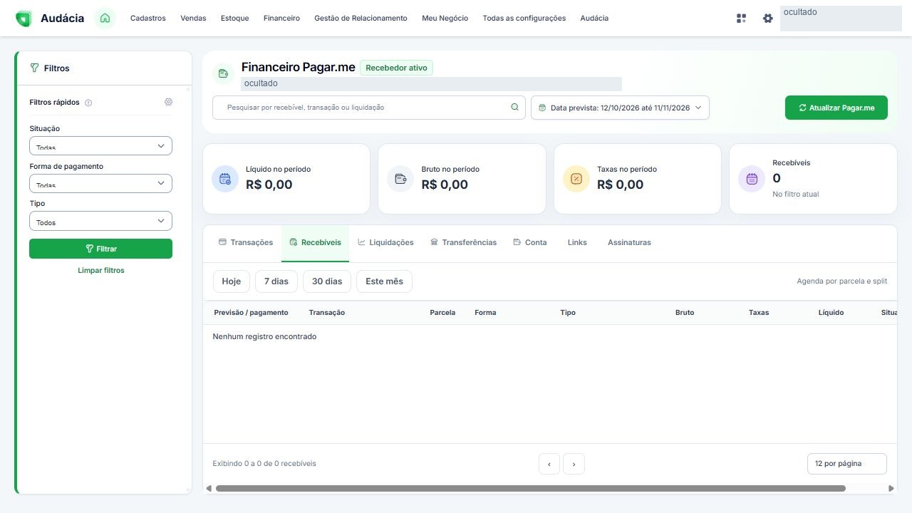 Tela real de Recebíveis Pagar.me; dados privados ocultados quando aplicável