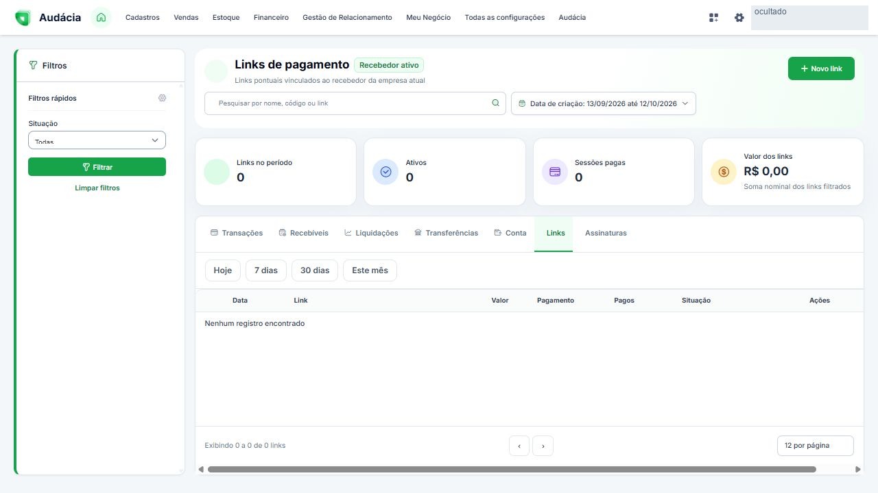 Tela real de Links de pagamento; dados privados ocultados quando aplicável