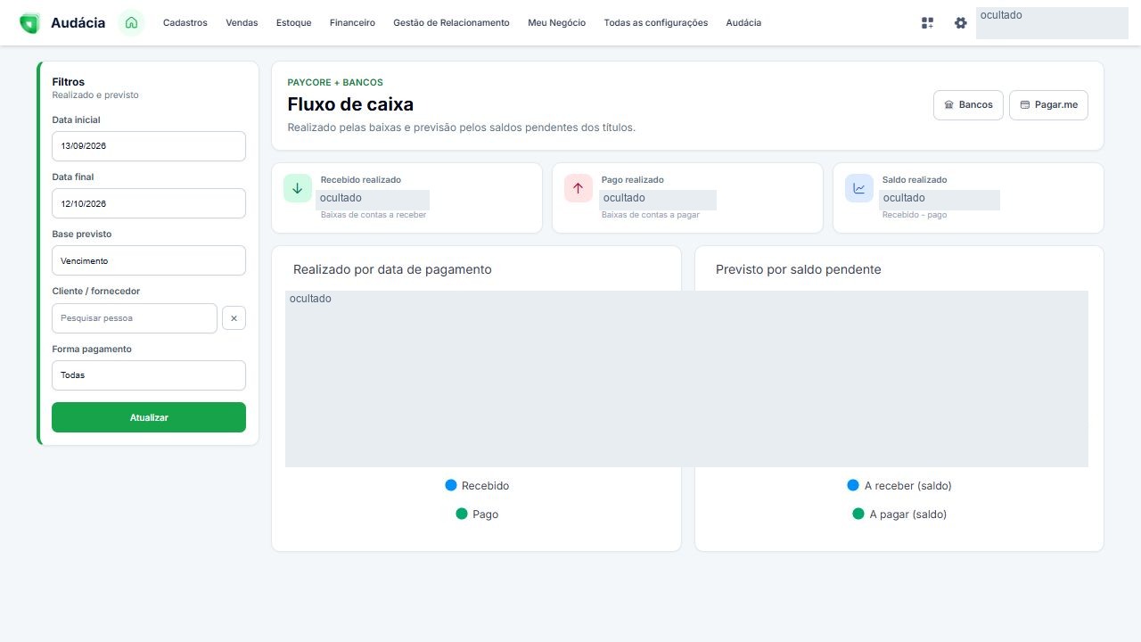 Tela real de Fluxo de caixa; dados privados ocultados quando aplicável