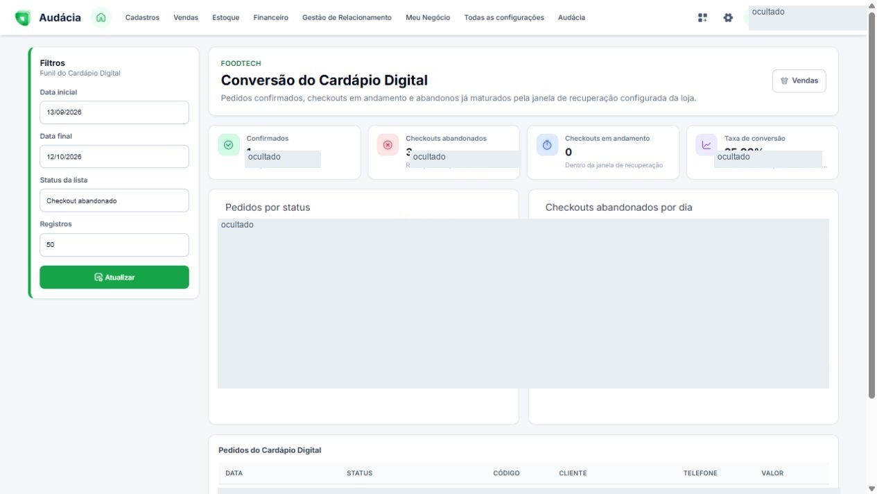 Tela real de Cardápio digital; dados privados ocultados quando aplicável
