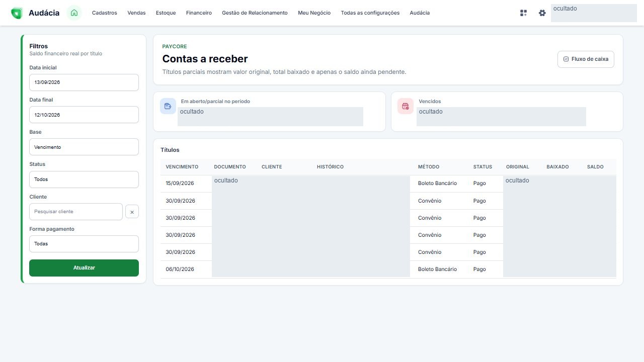 Tela real de Contas a receber; dados privados ocultados quando aplicável
