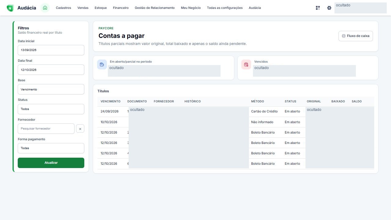 Tela real de Contas a pagar; dados privados ocultados quando aplicável