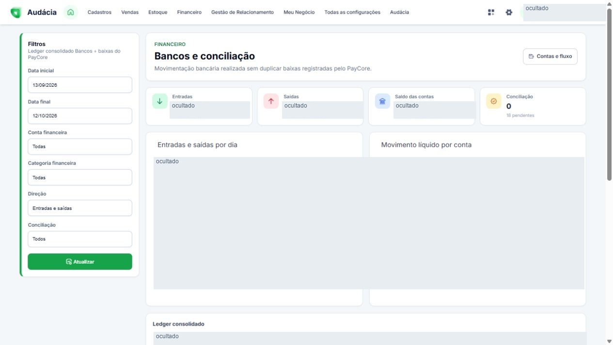 Relatório de bancos e conciliação; valores ocultados
