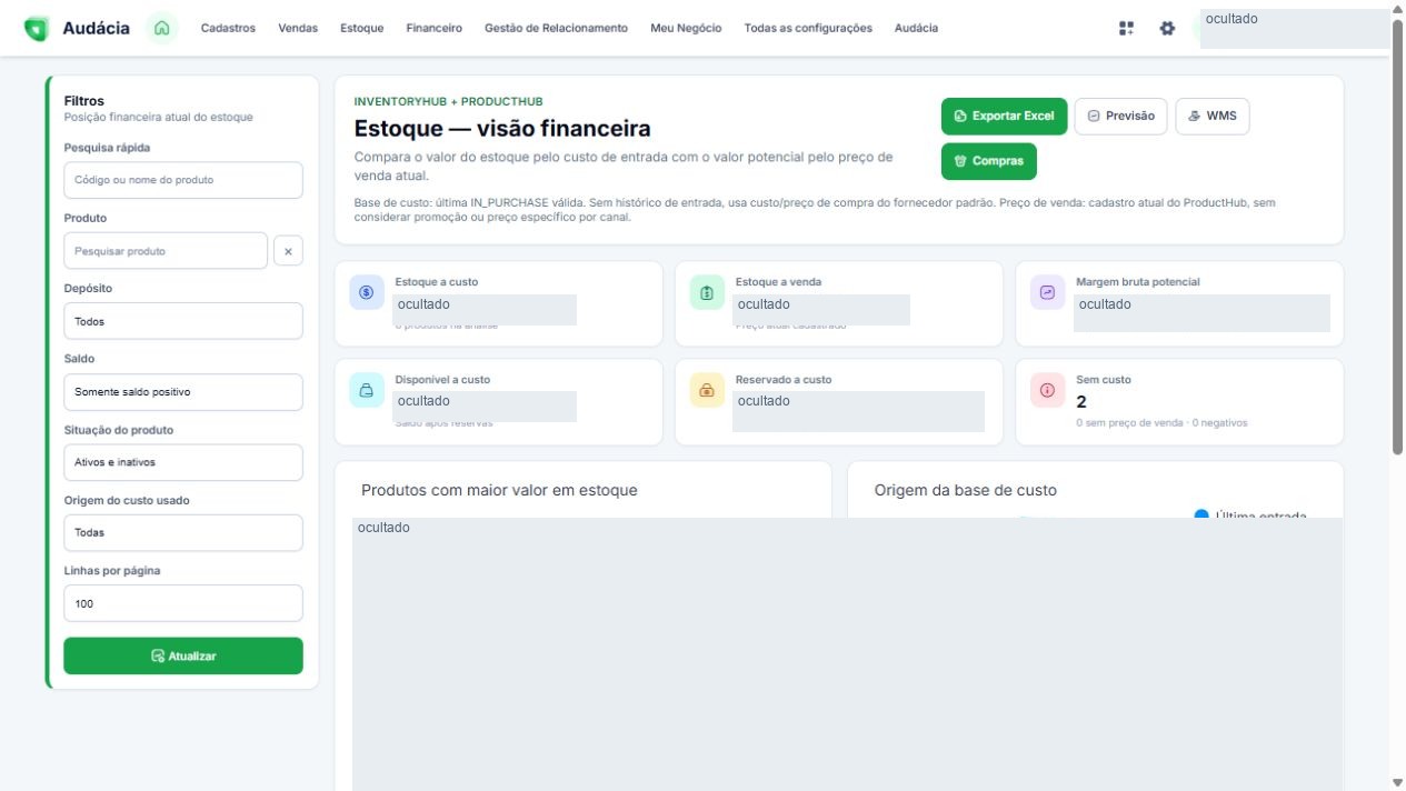 Posição financeira do estoque; valores ocultados