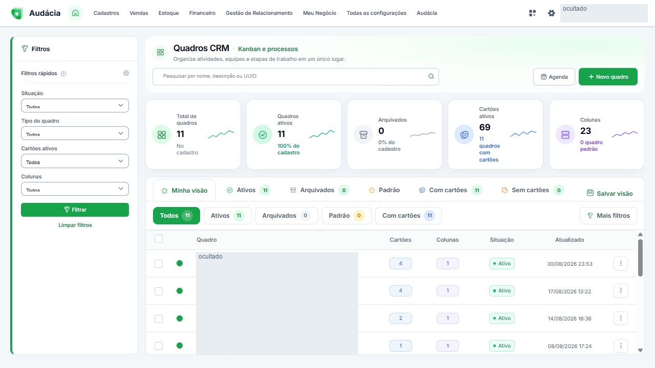 Tela real de Quadros CRM; dados privados ocultados quando aplicável