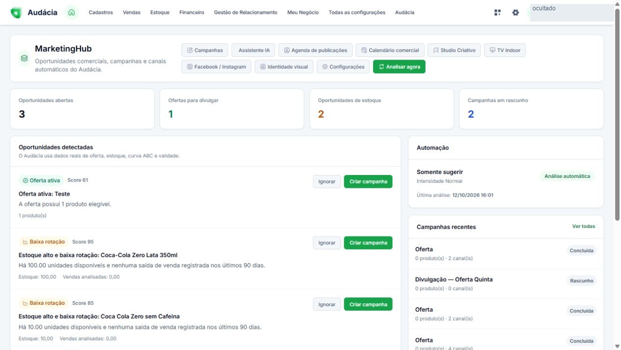 Tela real de Hub de Marketing; dados privados ocultados quando aplicável