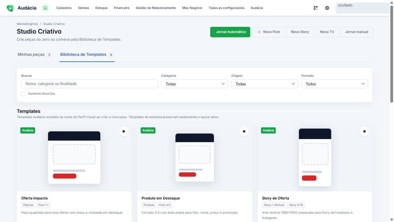 Biblioteca de templates e filtros de categoria, origem e formato