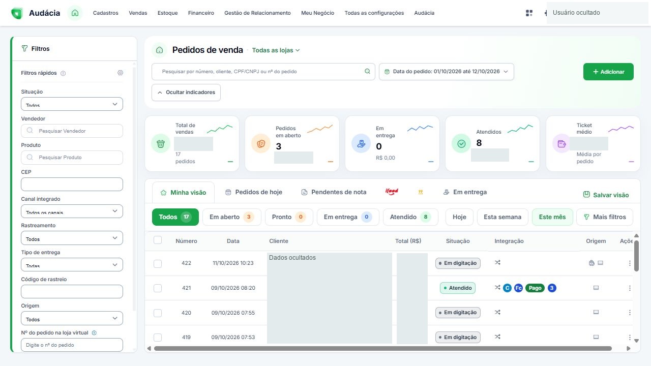 Listagem de pedidos, indicadores e filtros; dados de clientes e valores ocultados