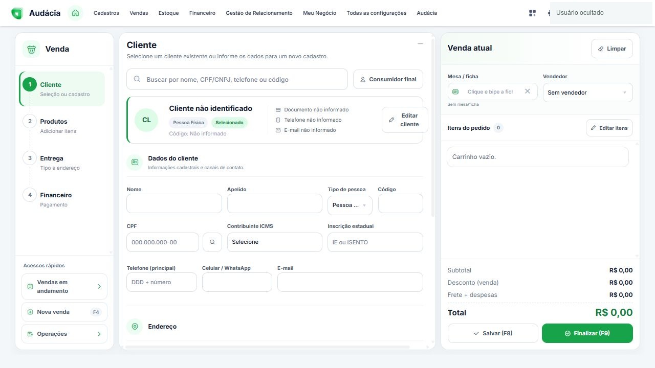 Etapa Cliente com identificação, contato e endereço