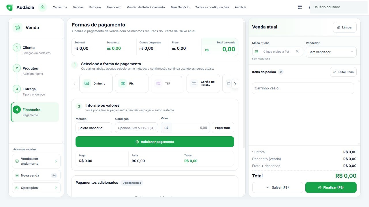 Etapa Financeiro com métodos, condição, valor e resumo de pagamentos