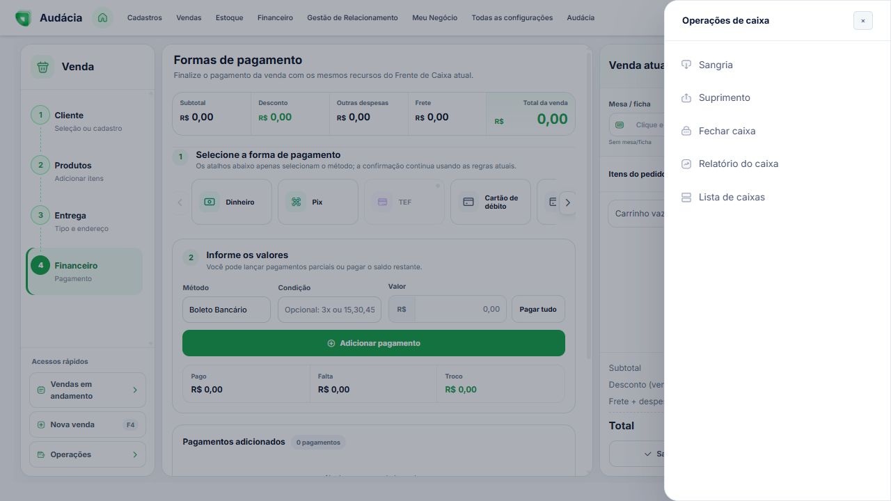 Painel de operações de caixa no PDV