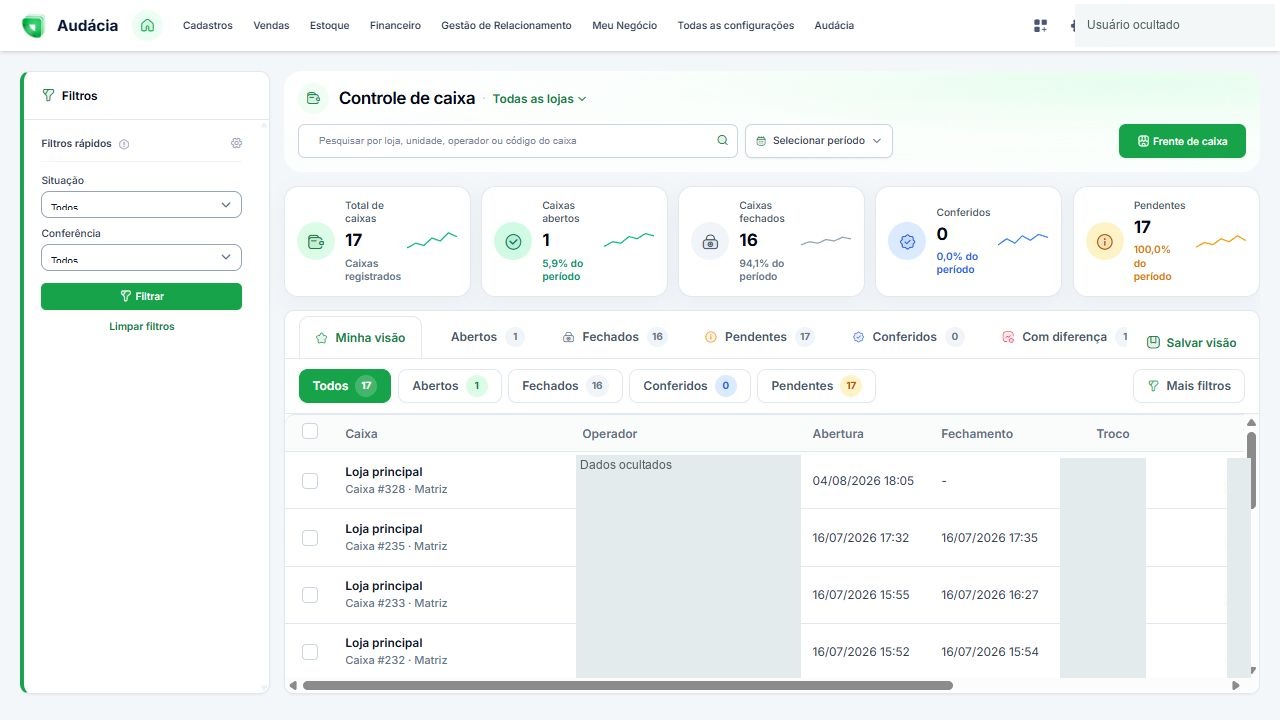 Controle de caixa com pesquisa, filtros e histórico; operadores e valores ocultados