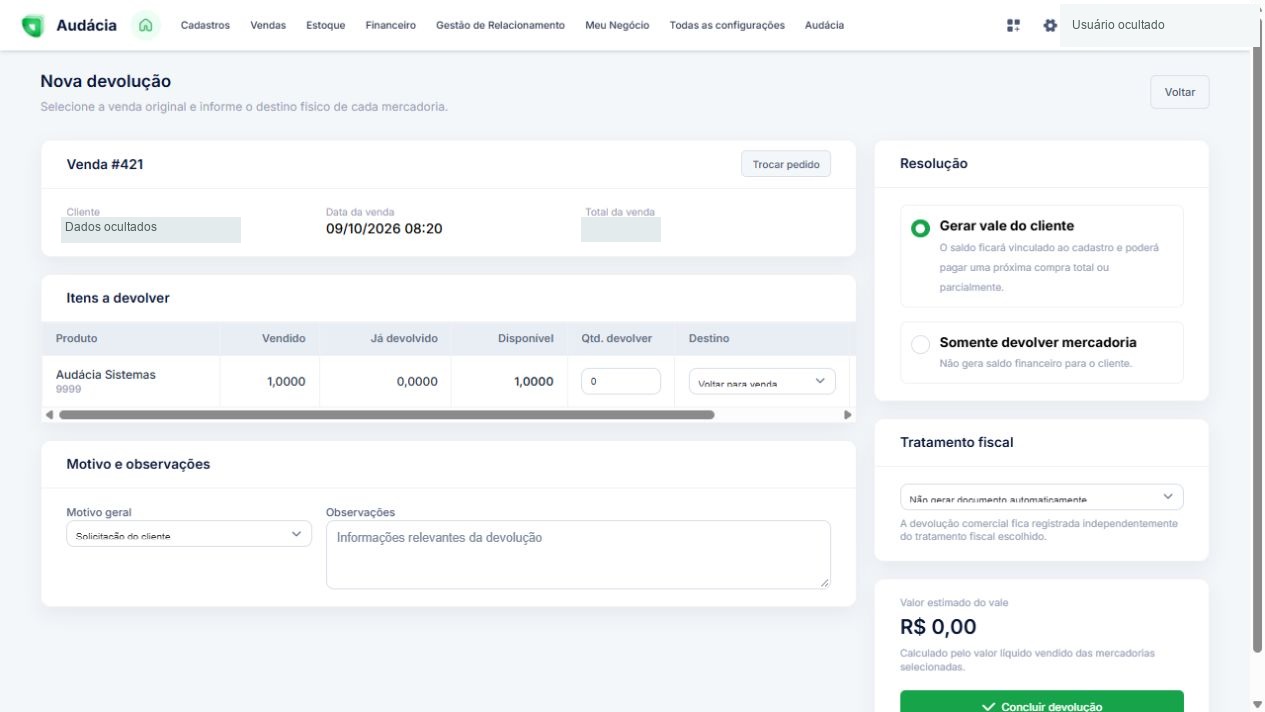 Formulário de devolução com quantidades, destino, motivo e resolução