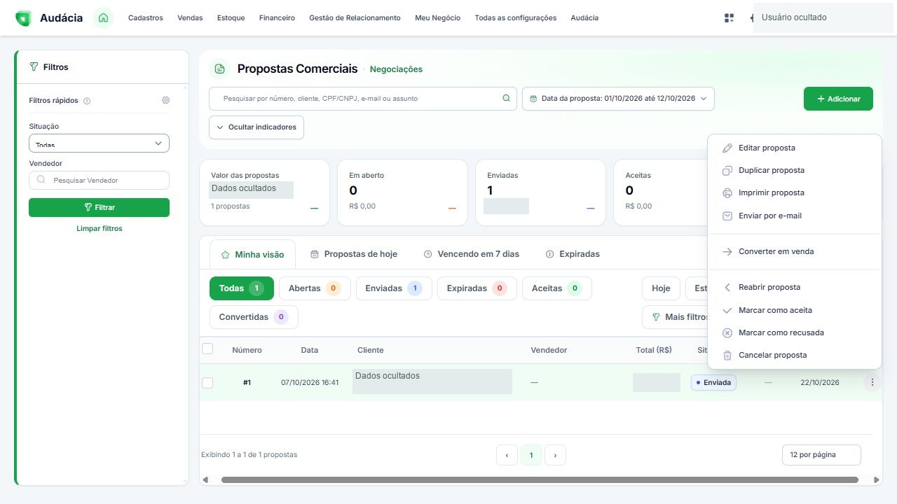 Menu de ações com edição, impressão, envio, conversão e mudanças de situação