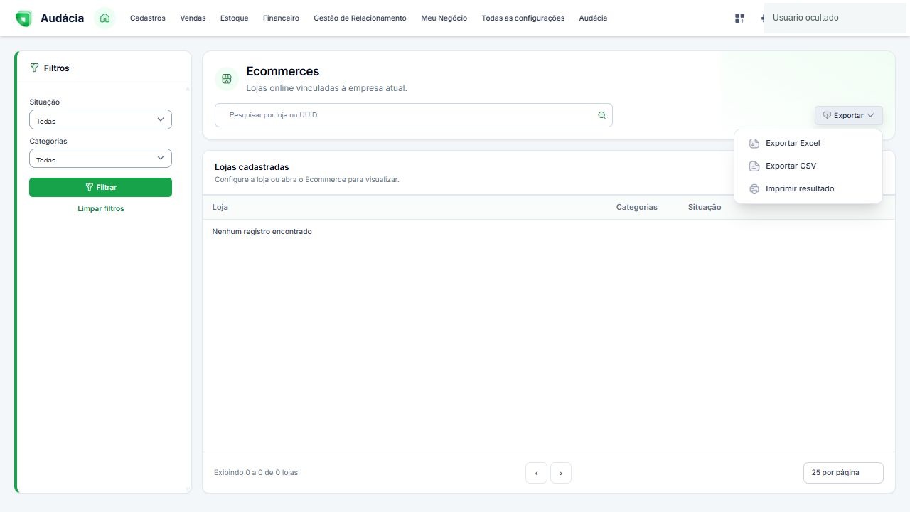 Opções de exportação da consulta de e-commerces