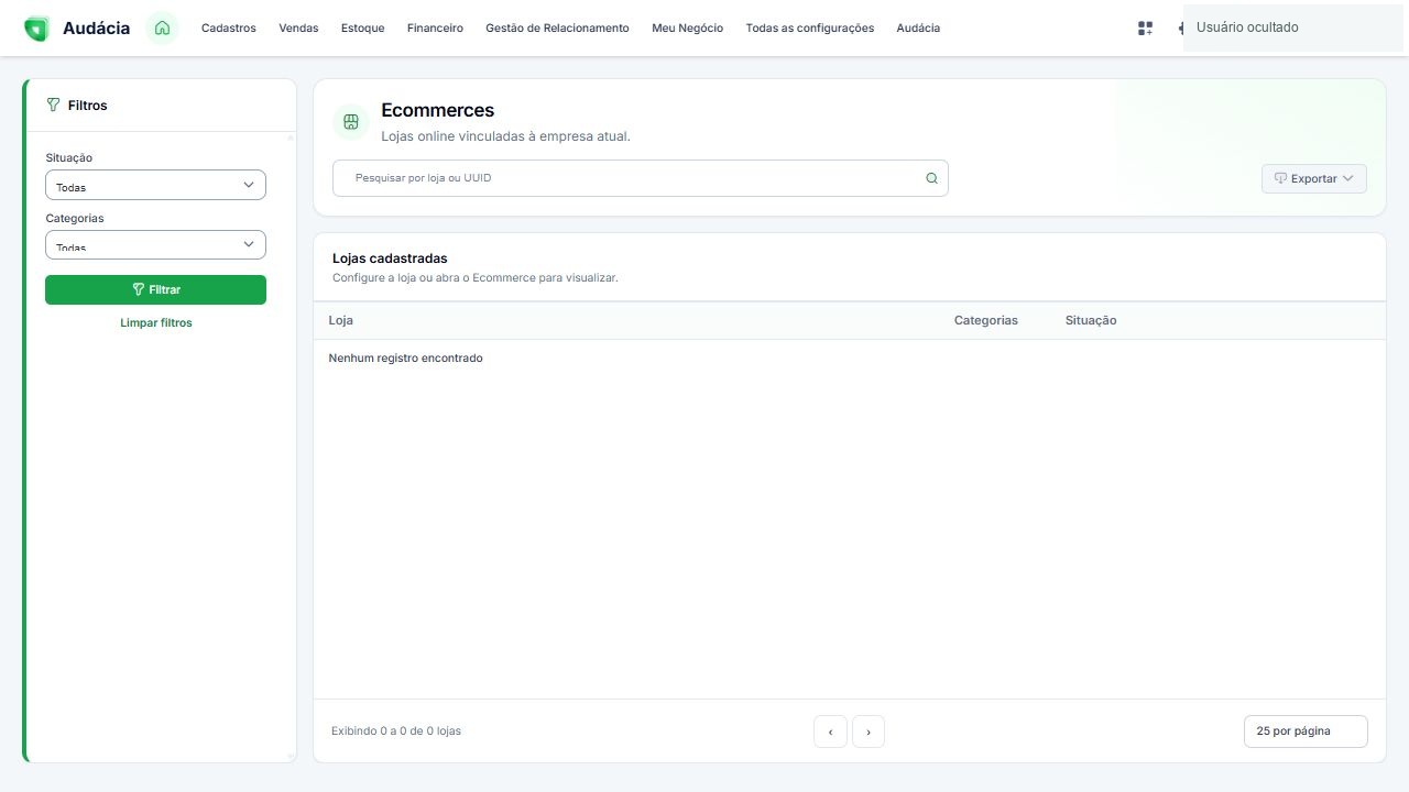 Tela Ecommerces sem lojas cadastradas na empresa consultada