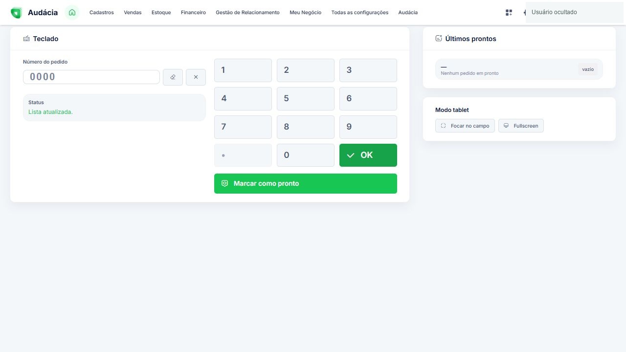 Microterminal com teclado, status e painel Últimos prontos