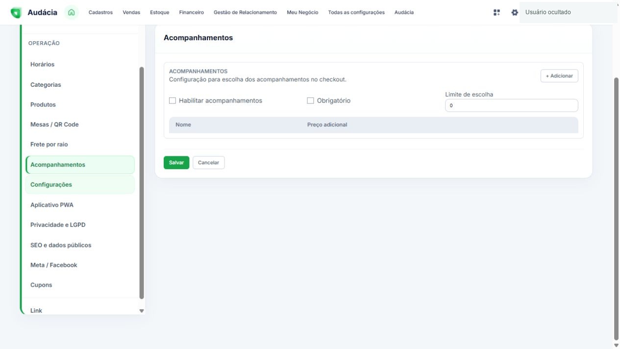 Configurações dos acompanhamentos no checkout