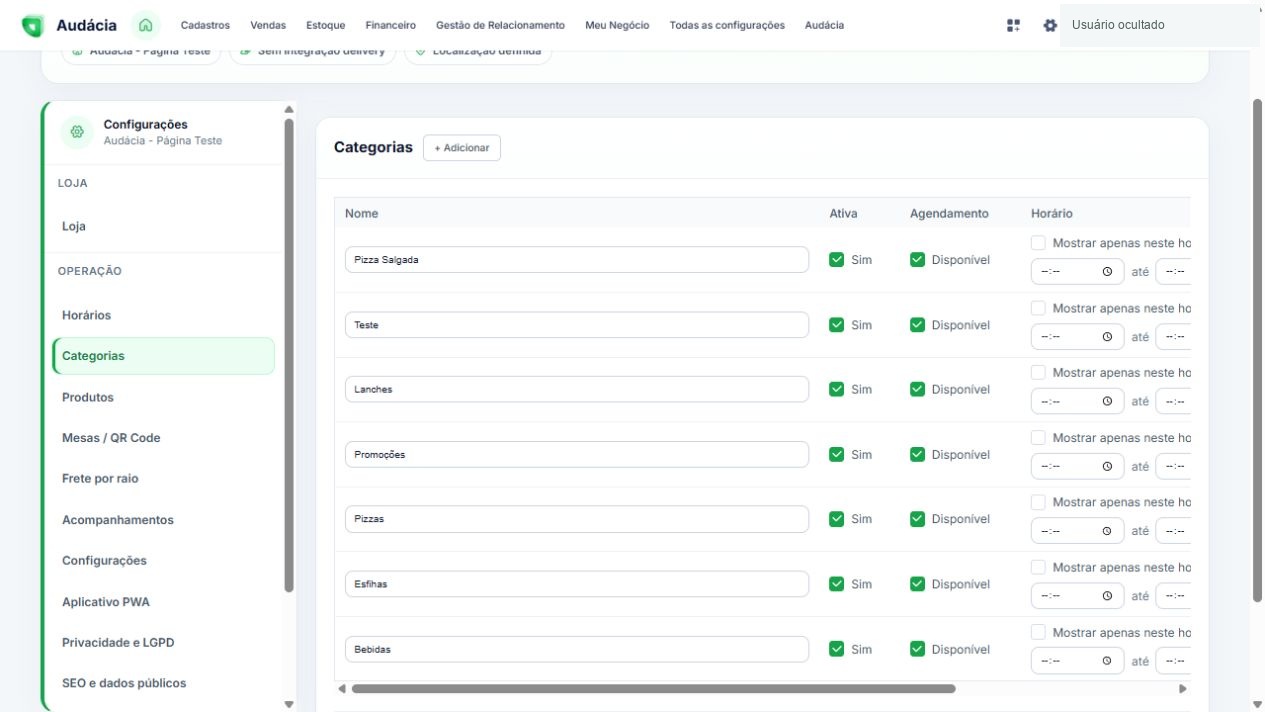 Categorias do cardápio com ativação, disponibilidade, horários e posição