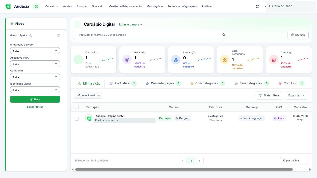 Listagem dos cardápios com canais, estrutura, delivery e situação do aplicativo