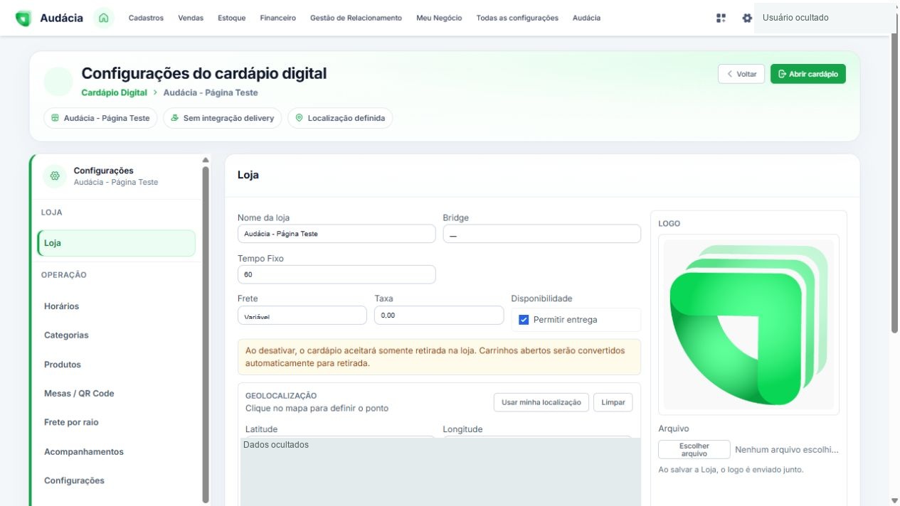 Configurações de loja, integração, frete e disponibilidade; localização ocultada