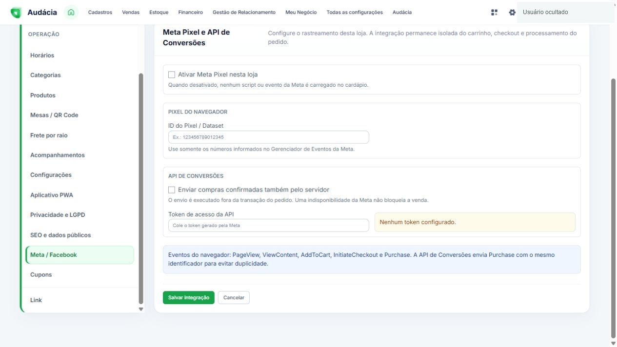 Configuração do Meta Pixel e API de Conversões, sem token configurado