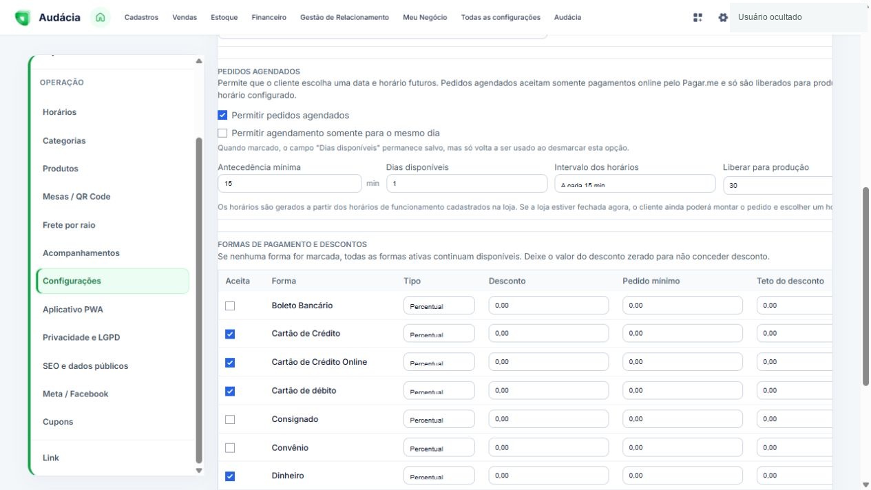 Tabela de formas aceitas e regras de desconto por pagamento